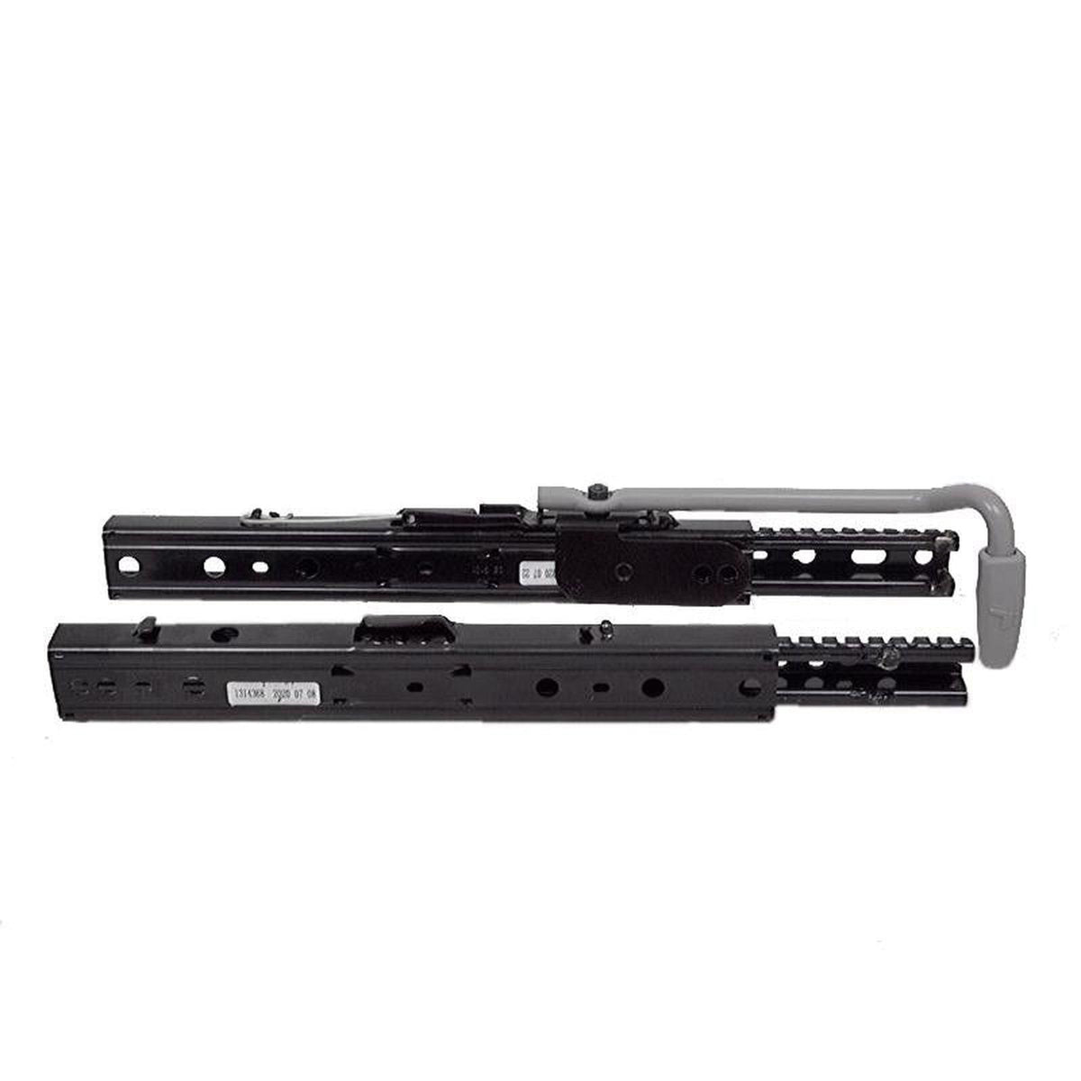 Black steel seat slide adjustment rails for Grammer suspensions with a grey locking handle and universal mounting holes.