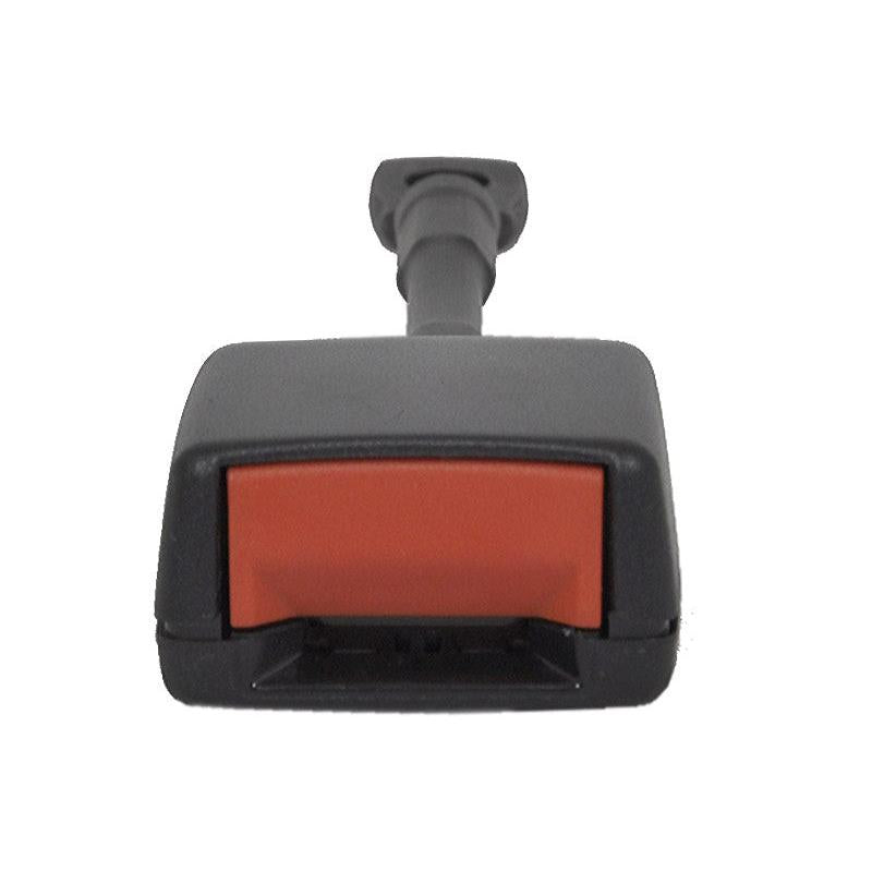 Black retractable seat belt buckle with a red release button for Grammer seats.