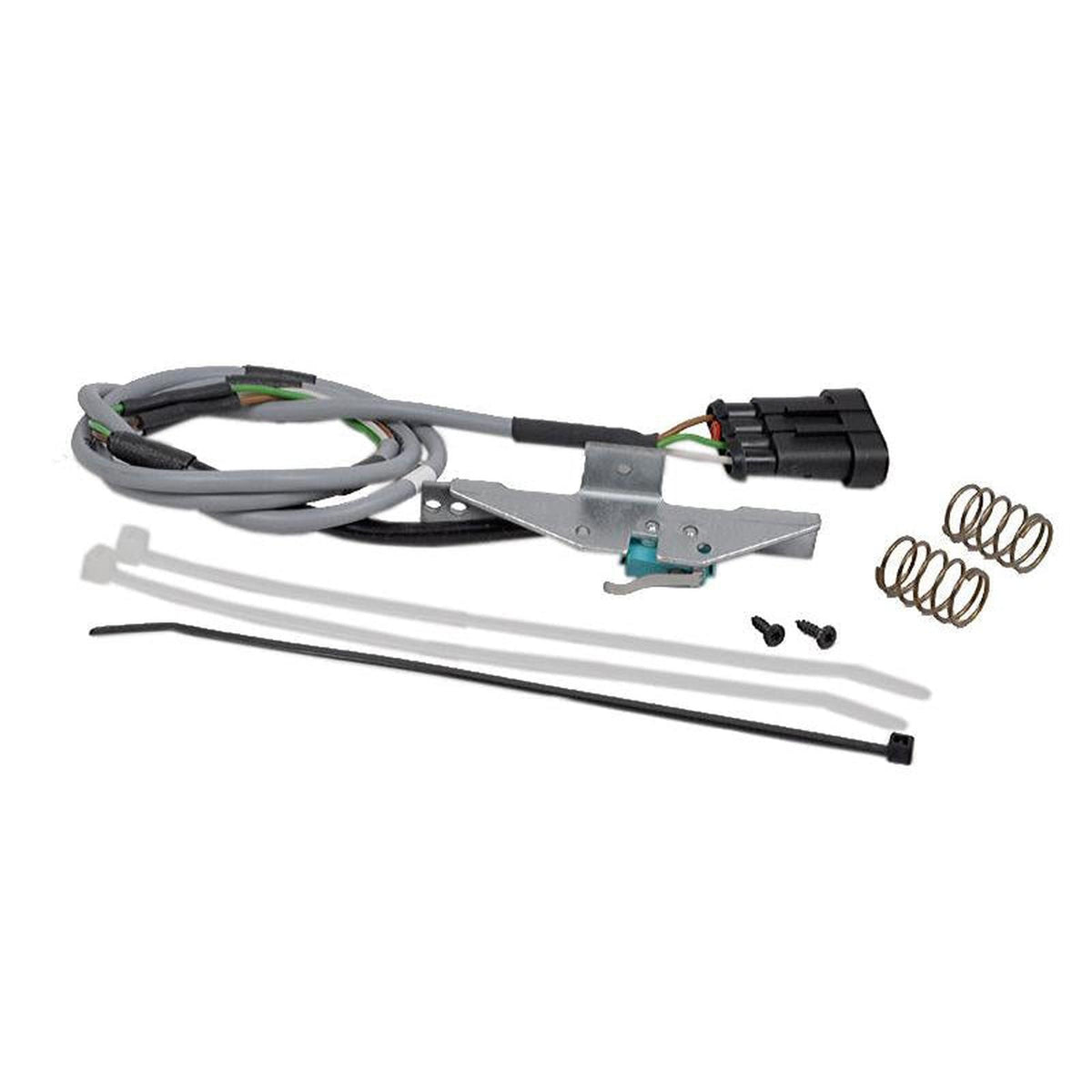 Grammer MSG20 operator presence switch kit with 3-pin connector, metal bracket, two springs, and mounting hardware.