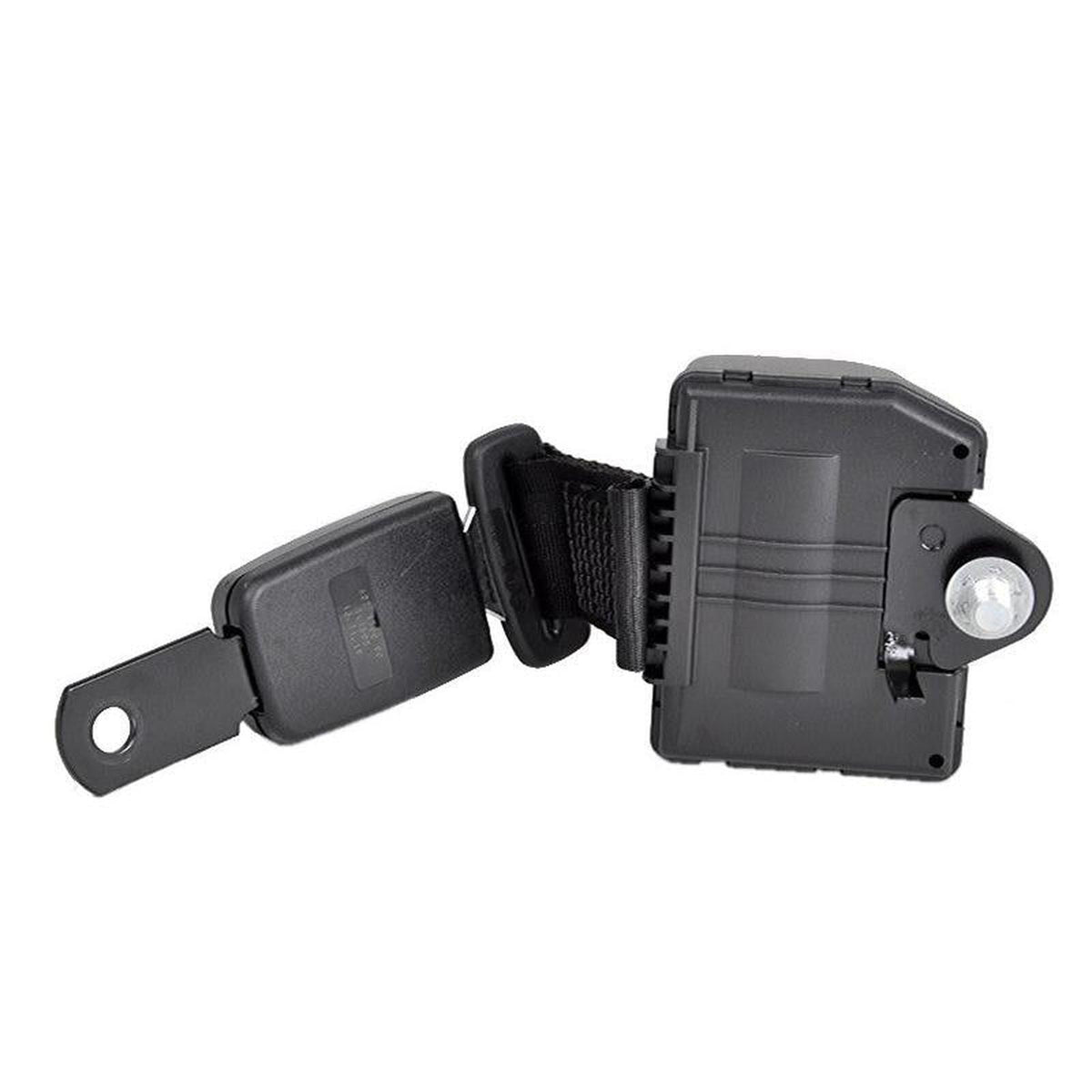 Black retractable seat belt kit for Grammer seats featuring a durable nylon strap and enclosed reel with mounting hardware.