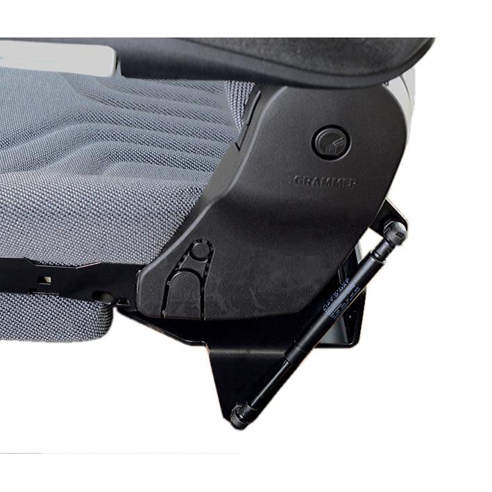 Black powder-coated mounting kit with gas strut for Grammer 722 folding seat.
