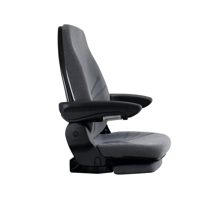Grammer 722 high-back foldable seat in grey fabric with black armrests and contoured foam cushions for industrial equipment.