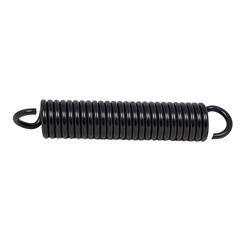 Black metal tension spring for Grammer seat suspension with hooked ends, 7.8 inches long, isolated on white.