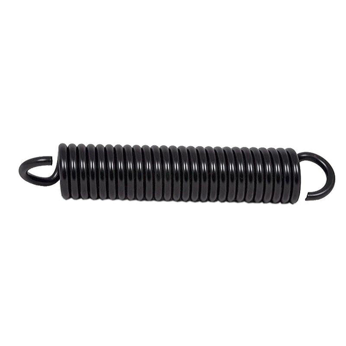 Black metal tension spring for Grammer seat suspension with hooked ends, 7.8 inches long, isolated on white.