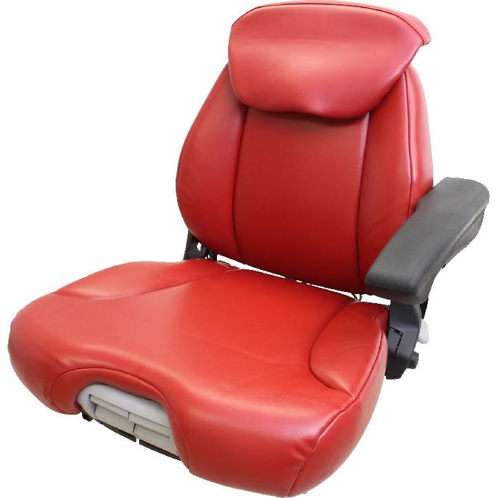 Red Grammer 741 fabric tractor seat with headrest, black armrest, and integrated slide tracks for heavy equipment.