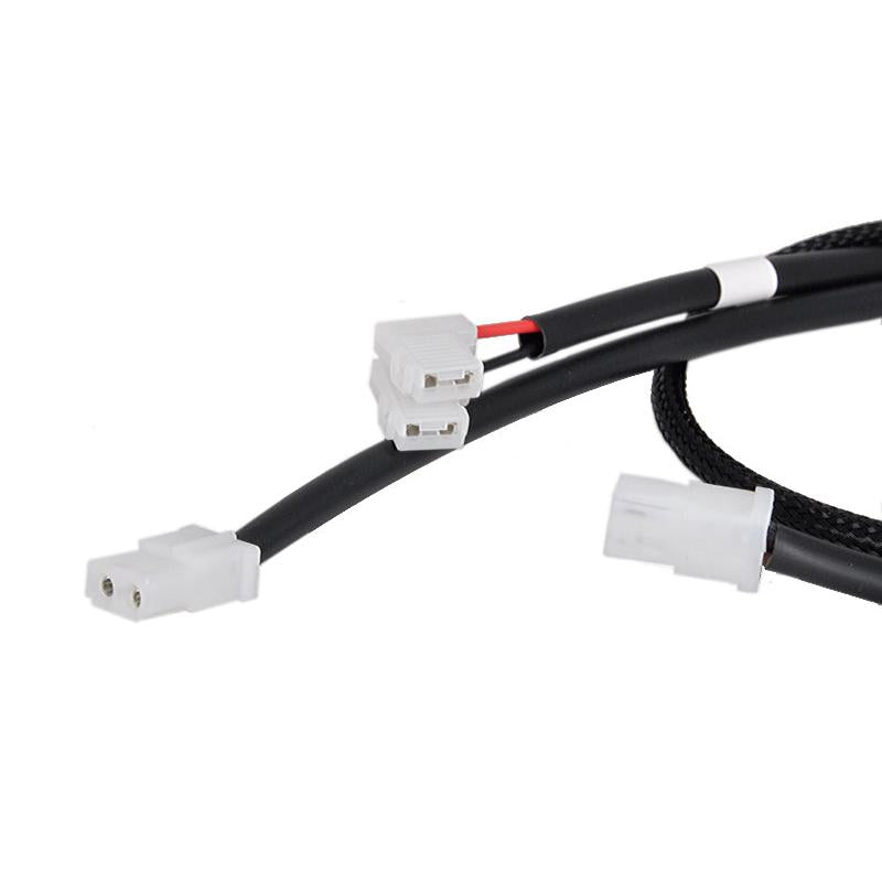 24v black braided wire harness for Grammer seats with white plastic connectors and plug-and-play wiring.
