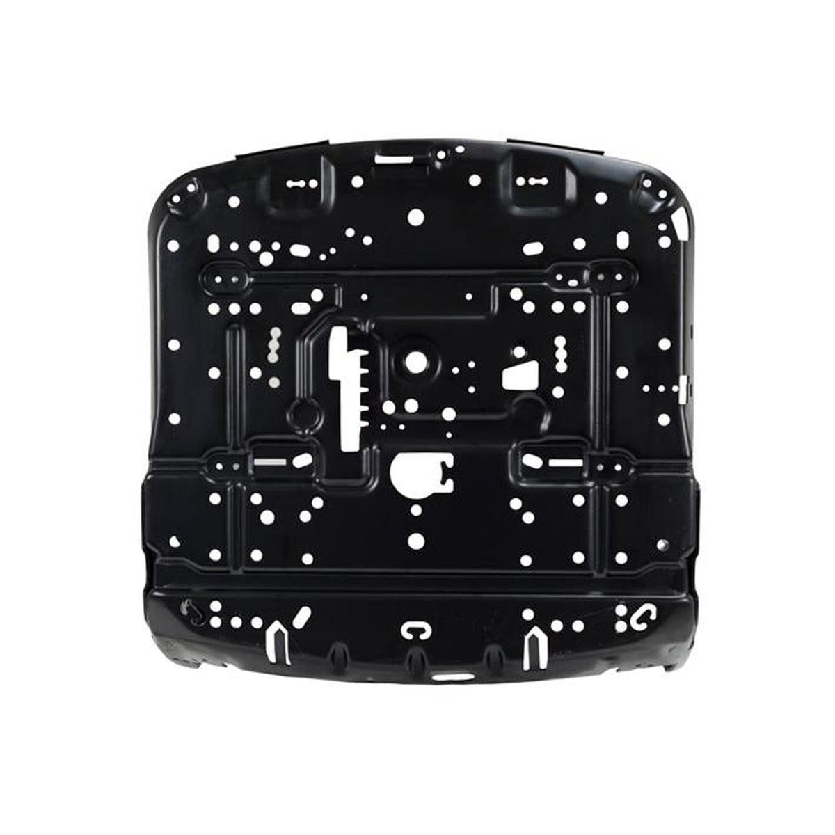 Black metal seat base pan frame for Grammer tractor seats with multiple mounting holes and cutouts.
