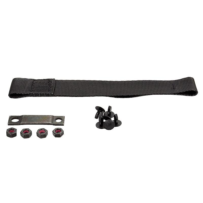 Black nylon belt strap replacement kit for Grammer MSG95G suspension with metal mounting bracket, nuts, and plastic fasteners.