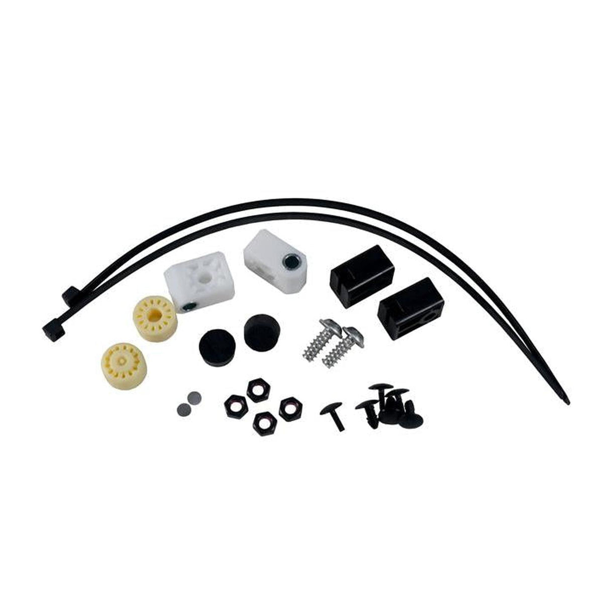 Grammer MSG95 suspension repair kit with white and black plastic rollers, slide bearings, screws, and cable ties.
