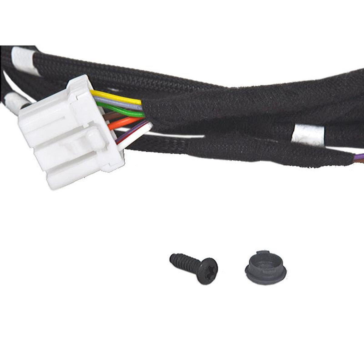12v wire harness for Grammer Evolution seats with a white plastic connector, black braided cable sleeve, screw, and cap.