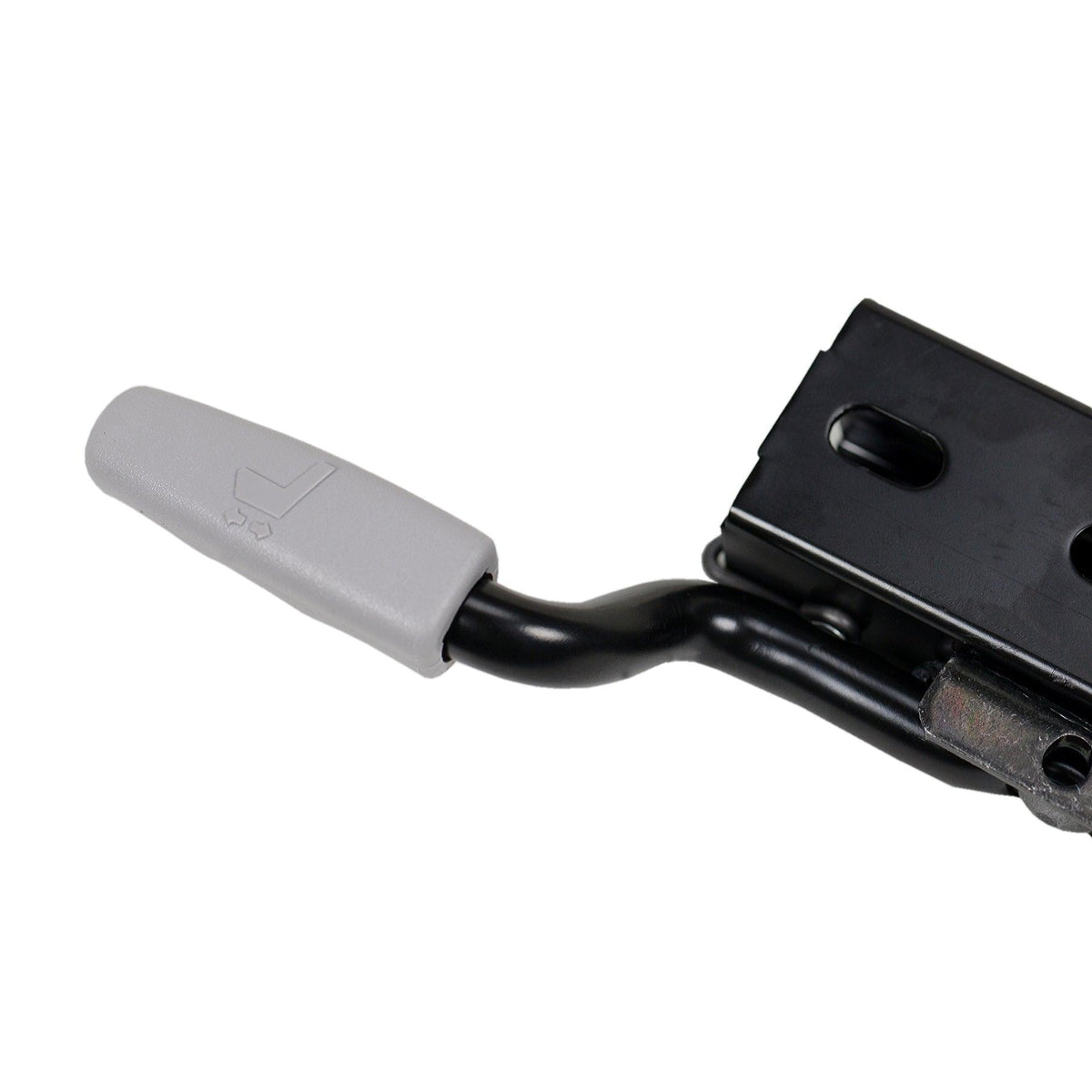 Black powder-coated steel seat slide rail with a grey plastic adjustment handle featuring a seat icon.