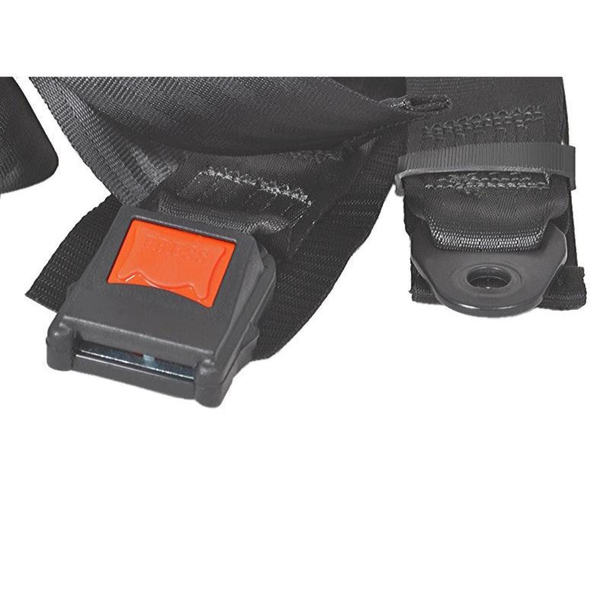 Black nylon 4-point retractable seat belt with a red release button and mounting hardware for Grammer seats.