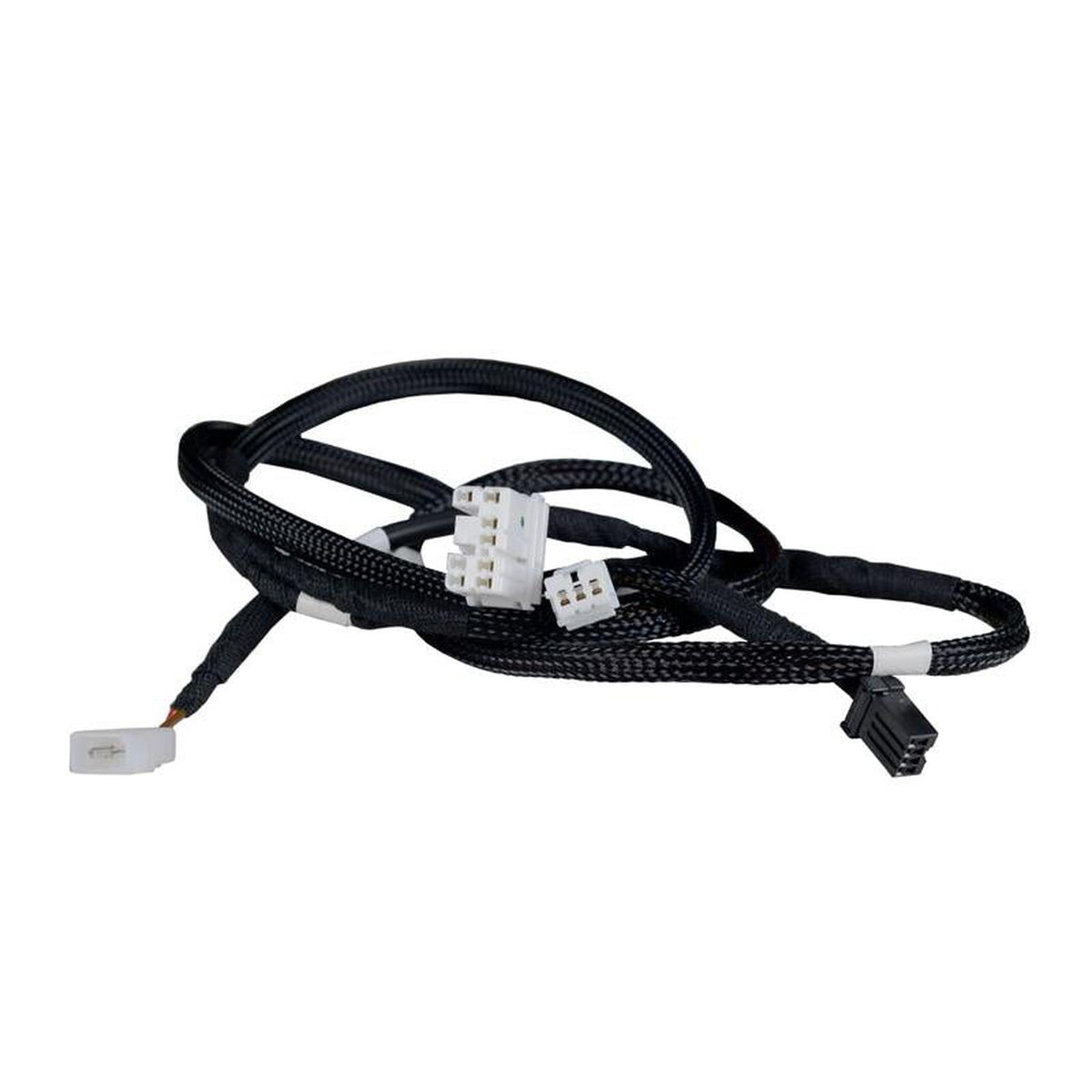 Black braided wire harness for Grammer 741 Evolution seats with white and black plastic electrical connectors.