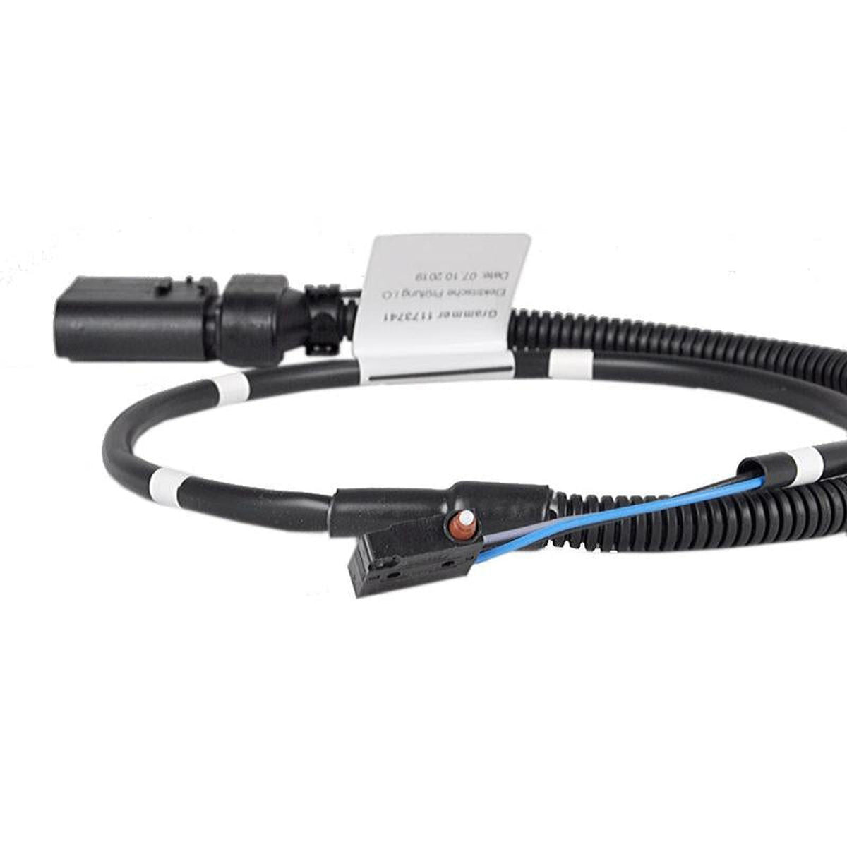 Grammer operator presence switch kit with black wiring harness, 5-pin Linde connector, and small microswitch.