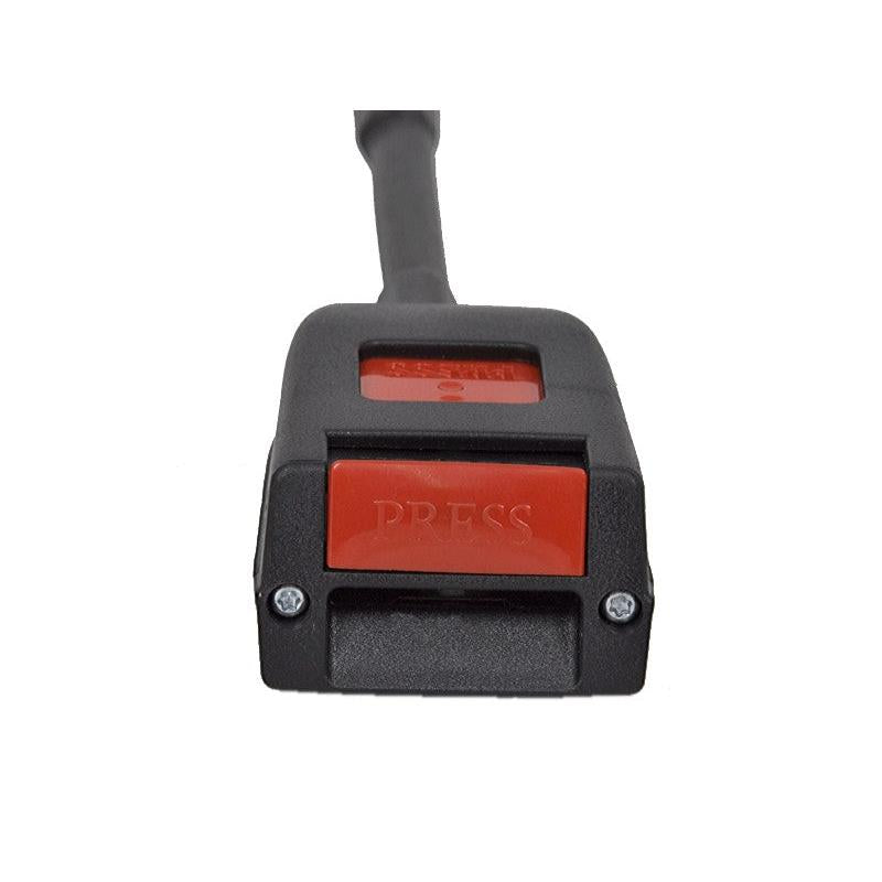 Black Grammer seat belt buckle with a red release button and integrated mounting whip for 22mm tongues.