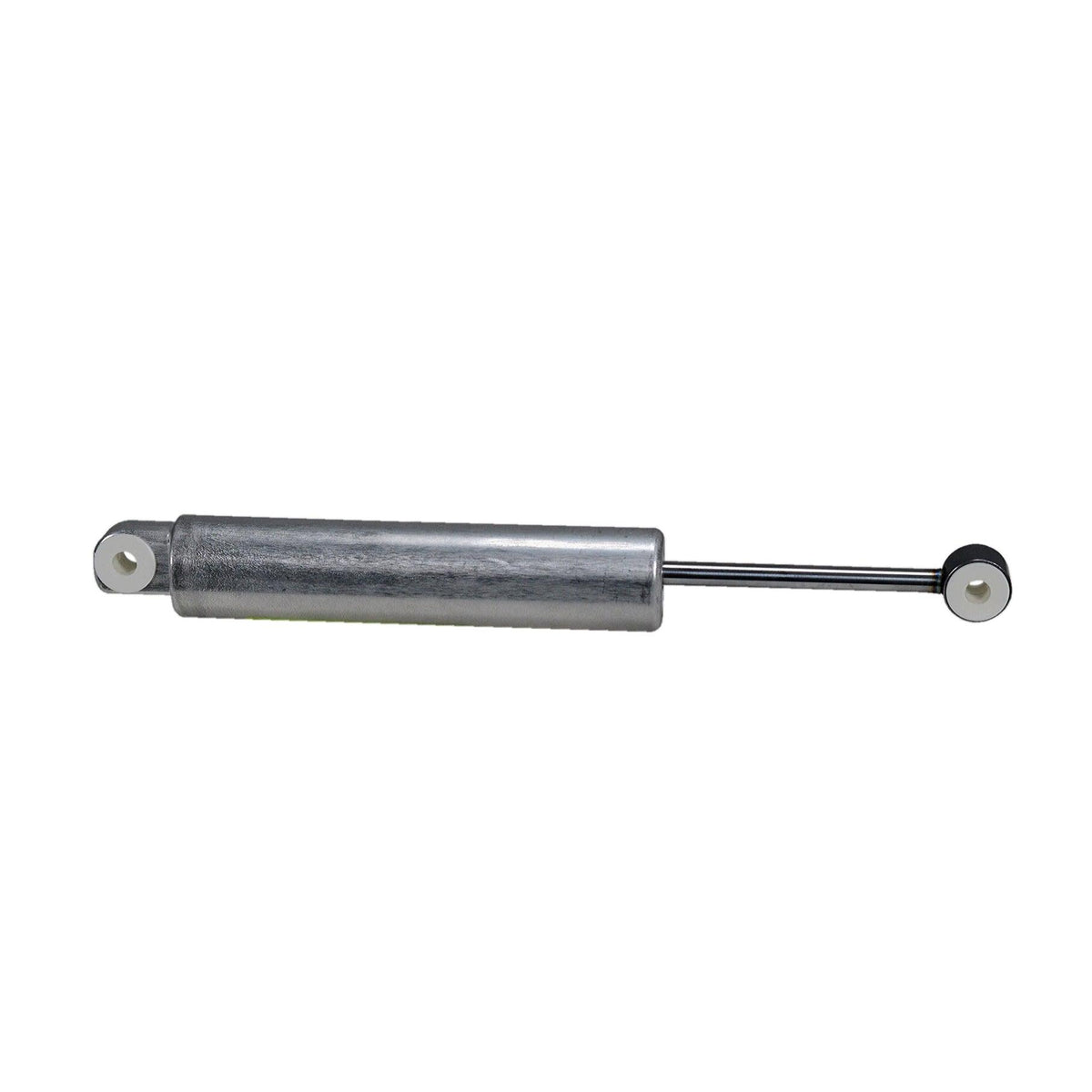 Silver metal seat damper shock absorber for Grammer suspension with white mounting eyelet bushings.