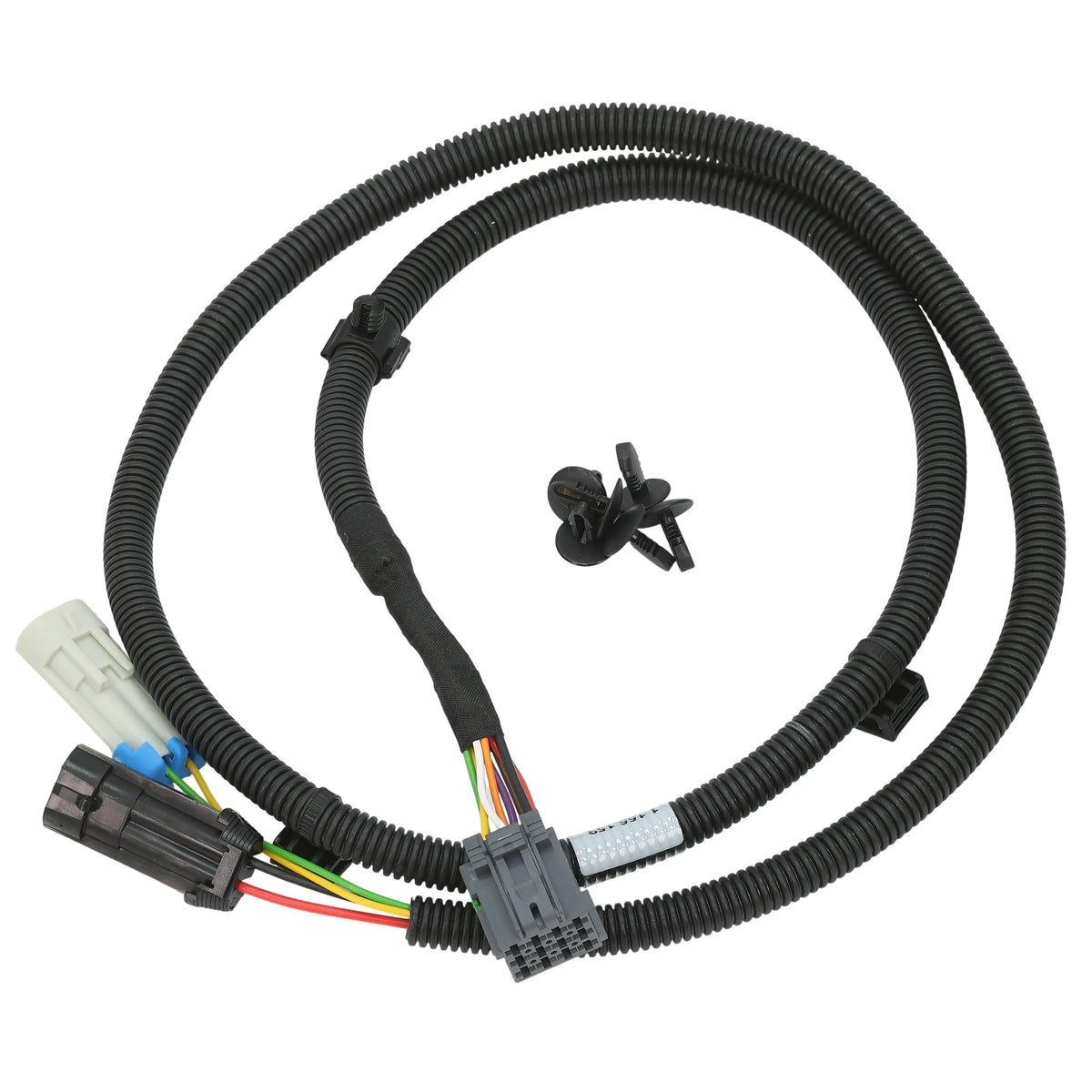 Grammer seat suspension wiring harness with black corrugated protective tubing, multi-colored wires, and plastic connectors.