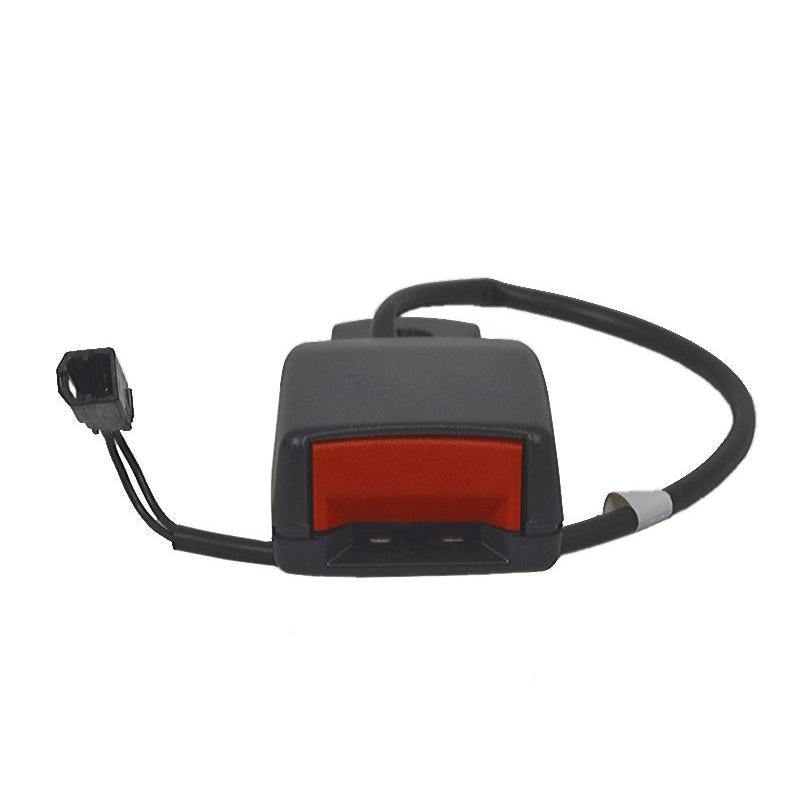 Black retractable seat belt buckle with red release button and integrated electrical switch for Grammer seats.