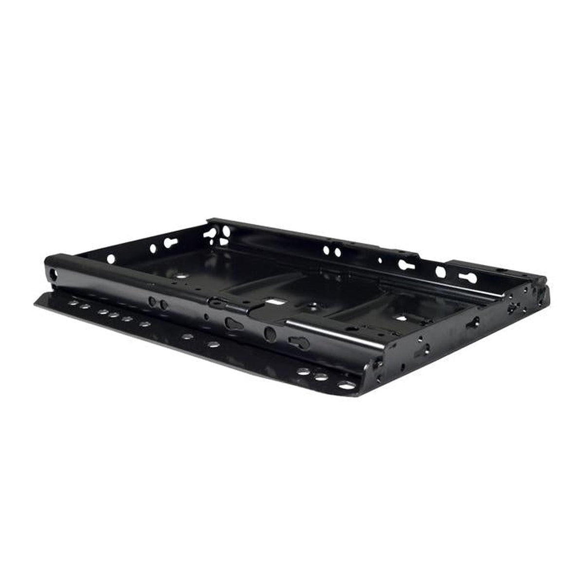 Black metal lower frame plate for Grammer MSG95 suspension with pre-drilled mounting holes and a durable rectangular design.