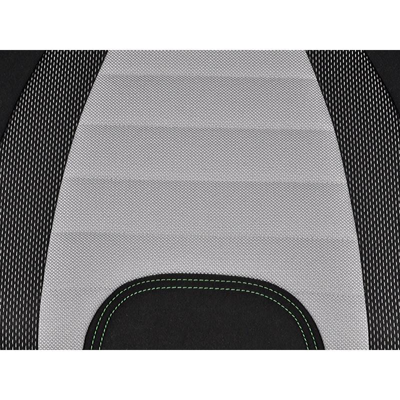 Grey and black fabric seat cushion for Grammer Evolution 741 with textured panels and green contrast stitching.