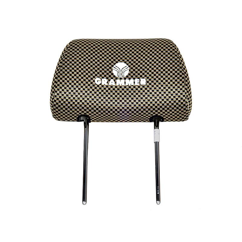 Grammer fabric headrest cushion with a yellow and black checkered pattern and adjustable steel mounting rods.