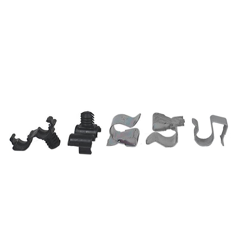 Assorted black plastic and silver metal wire harness clips and mounting hardware for Grammer MSG95 seat suspension.