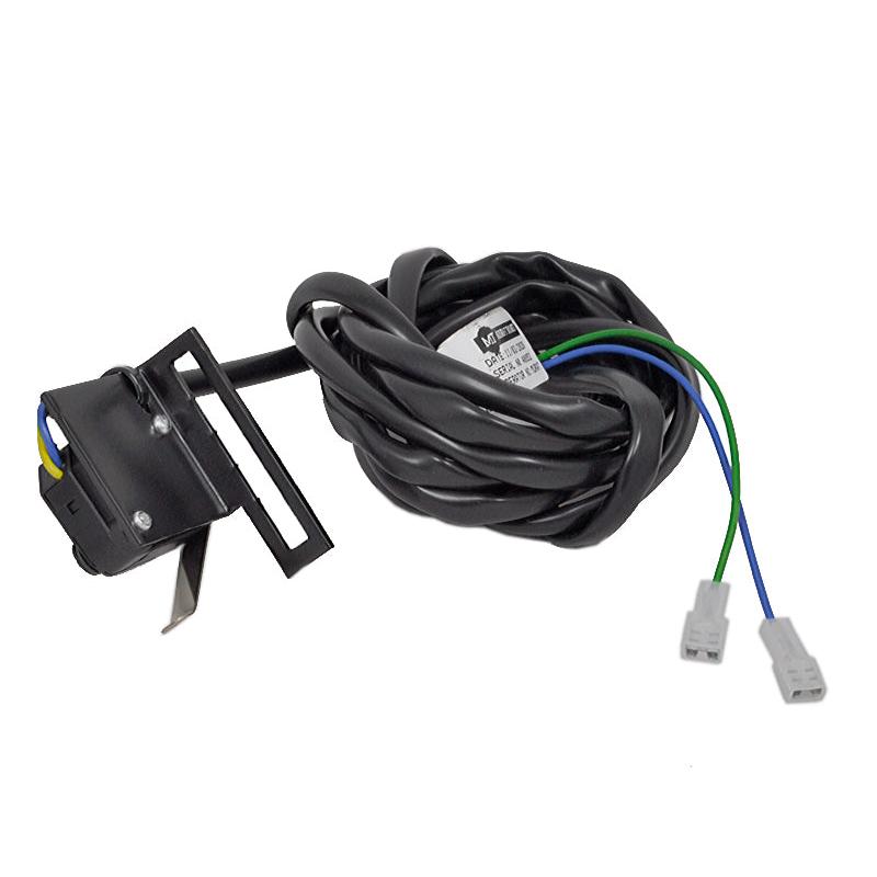 Grammer MSG85 operator presence switch kit with black protective wire sleeve, mounting bracket, and two blade terminals.