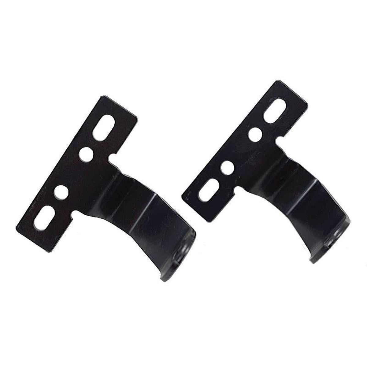 Two heavy-duty black steel seat belt mounting brackets for Grammer MSG20 seats with pre-drilled slotted holes.