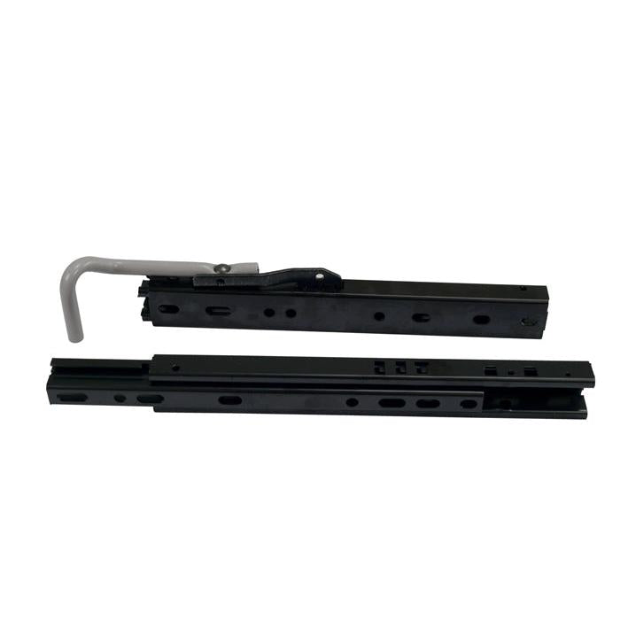 Black steel seat slide track adjustment rail set for Grammer seats with a gray locking handle and universal mounting holes.