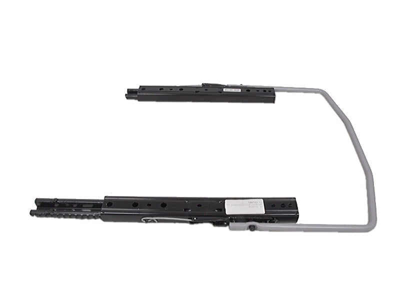 Black steel Grammer seat slide rail set with double locking mechanism and adjustable handle.