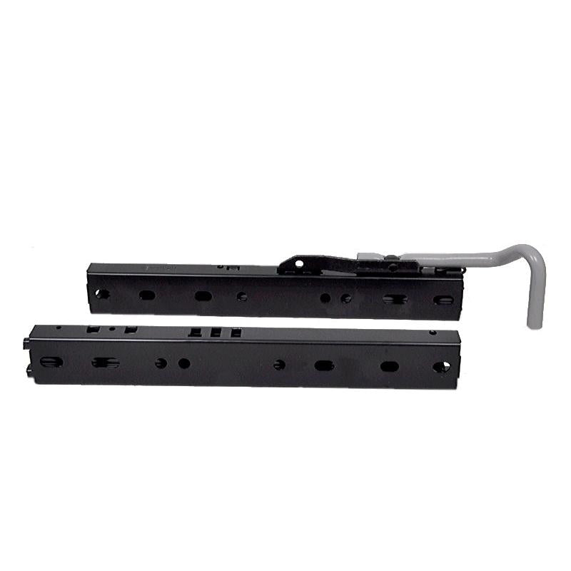 Black powder-coated steel slide rail kit for Grammer 520 seats with a long adjustable handle and universal mounting holes.