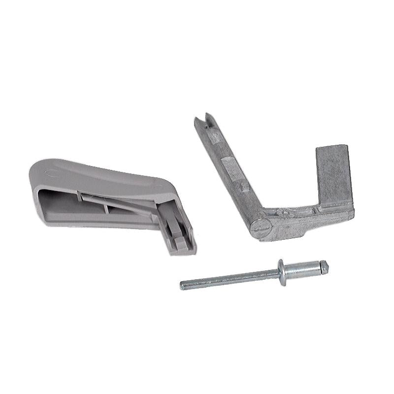 Gray plastic backrest handle, diecast aluminum rod, and metal rivet for Grammer seat adjustment repair.