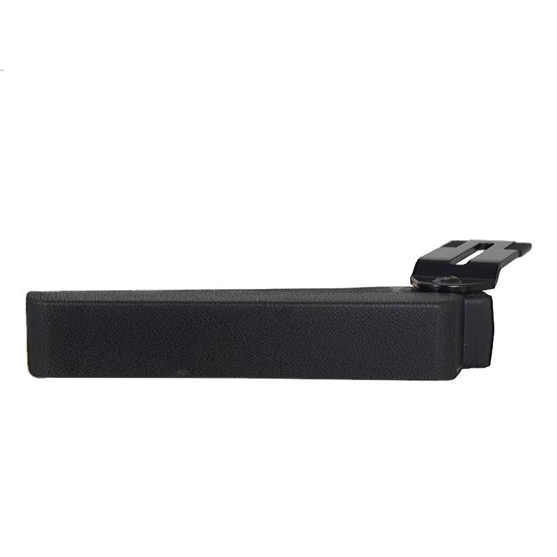 Black adjustable seat armrest with Dura-Tex molded finish and metal mounting bracket for Grammer seats.