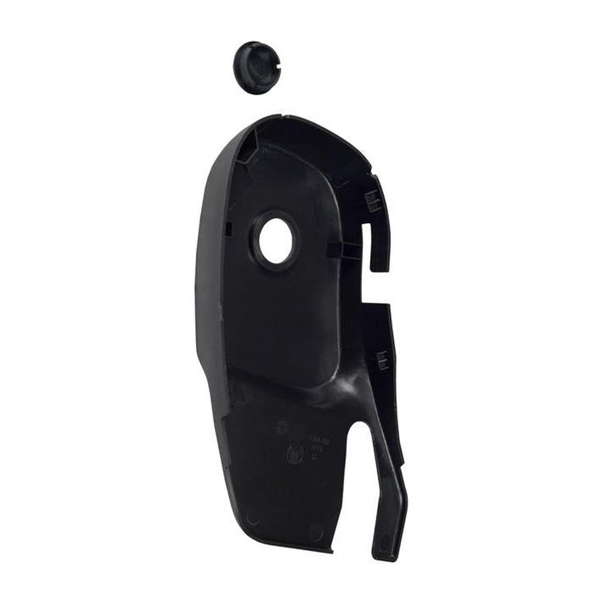Black plastic left-side seat belt cover for Grammer seats with a round cutout and matching small circular plug.