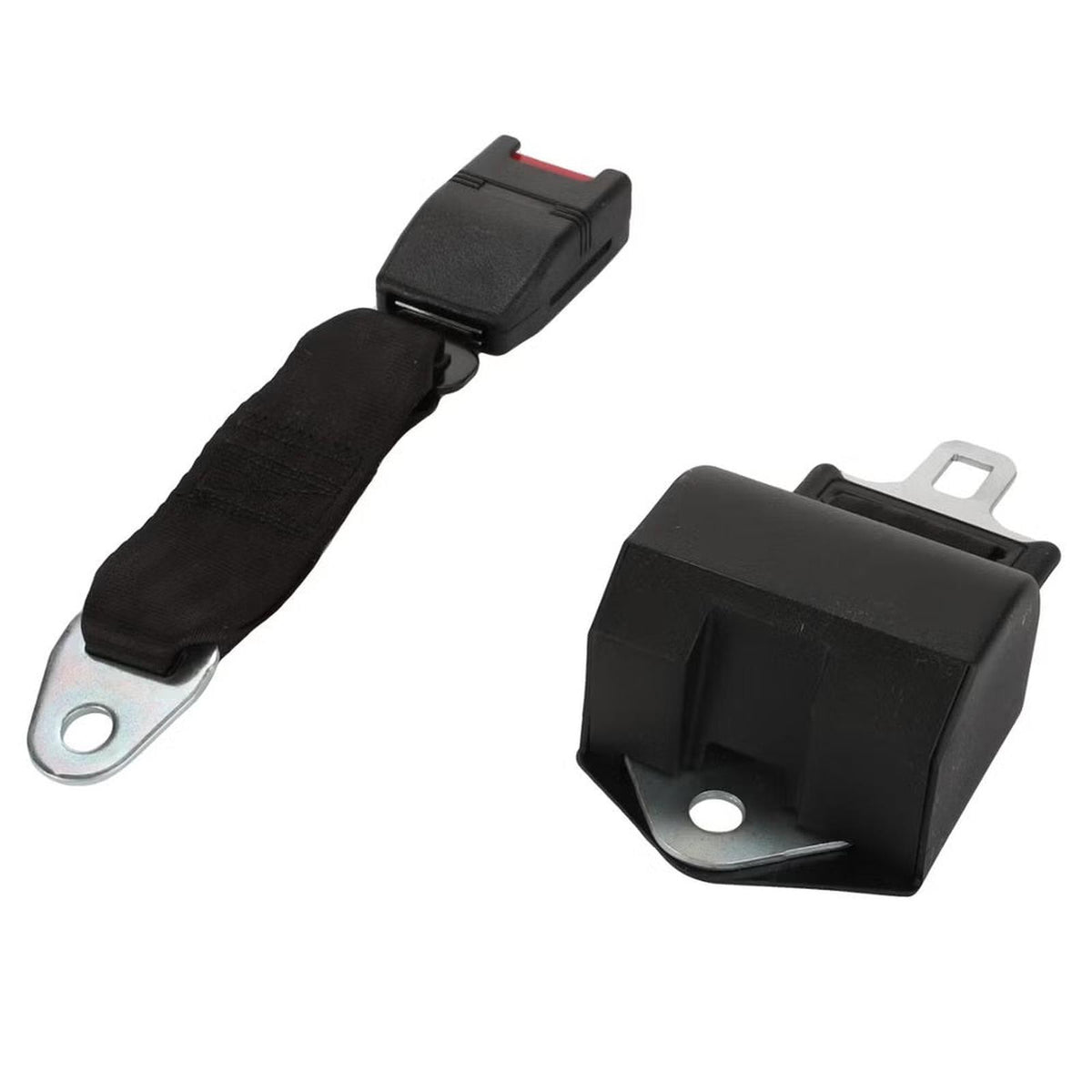 Black retractable seat belt kit for Sears seats with heavy-duty nylon webbing, enclosed reel, and metal mounting brackets.