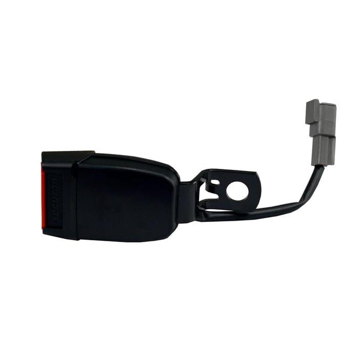 Black retractable seat belt buckle with integrated switch and mounting bracket for Grammer 2731 seats.