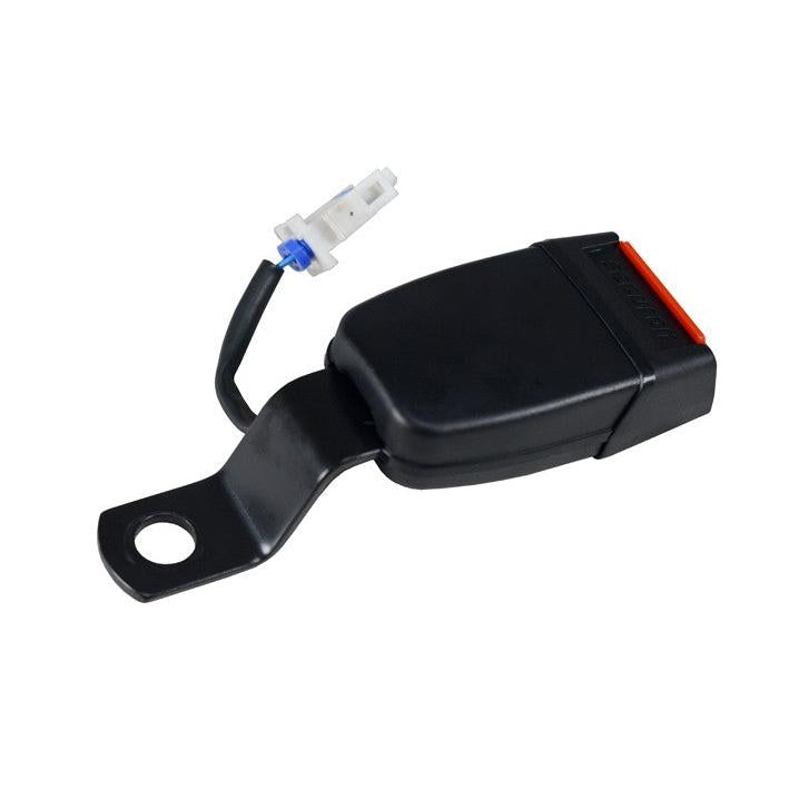 Black seat belt buckle with integrated switch and mounting bracket for Grammer seats.
