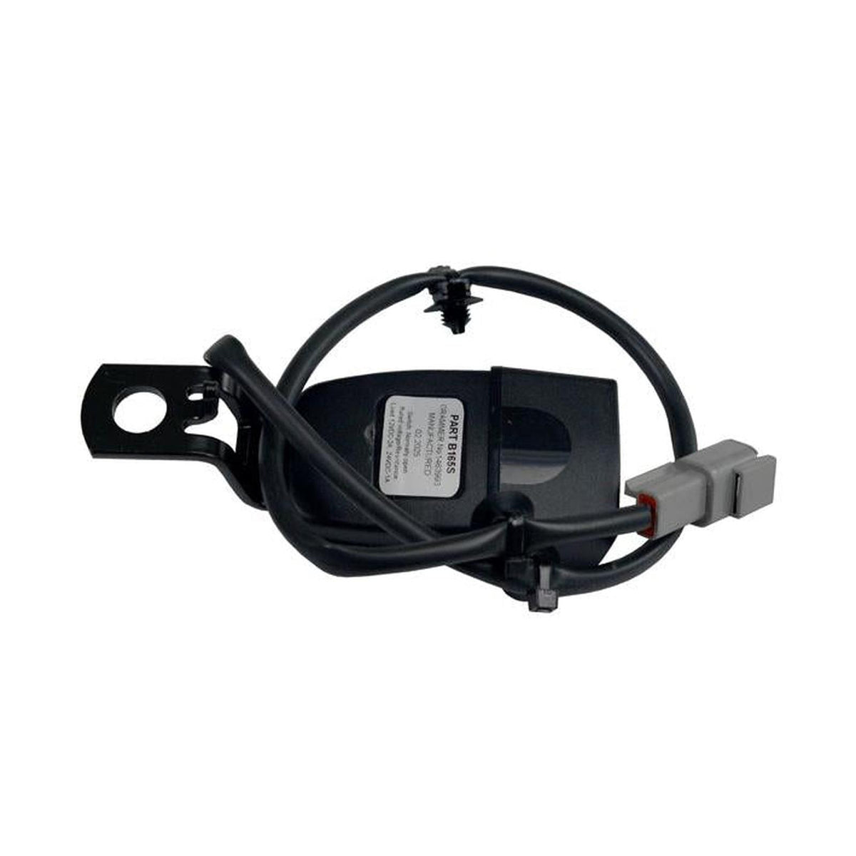 Black retractable seat belt reel for Grammer seats with integrated switch, mounting bracket, and electrical connector.
