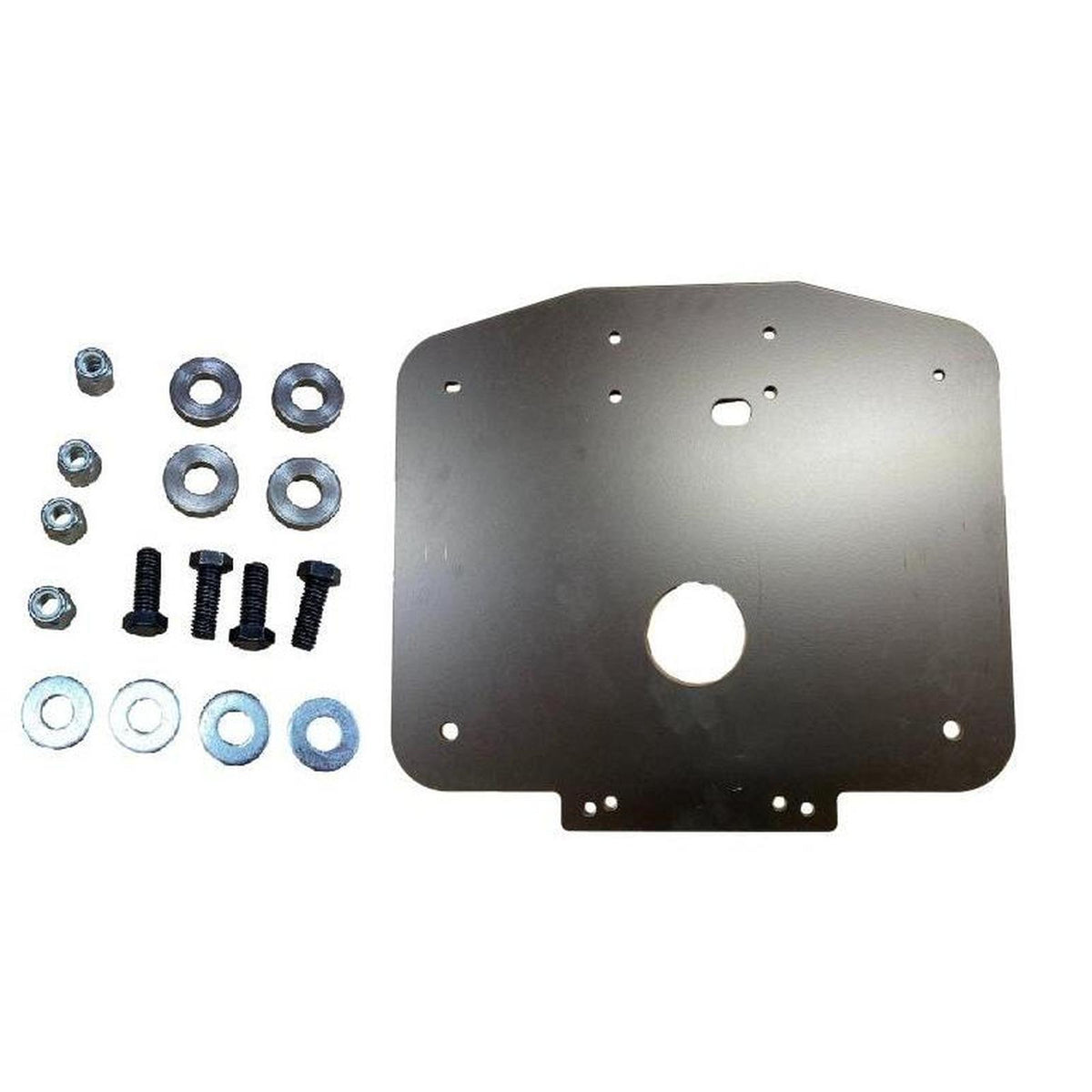 Black powder-coated steel truck seat adapter plate with included mounting hardware and bolts.