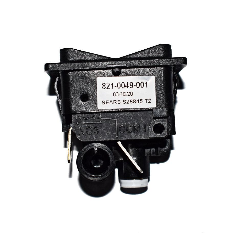 Black plastic Sears air ride tractor seat weight adjustment switch with a white label and metal electrical terminals.