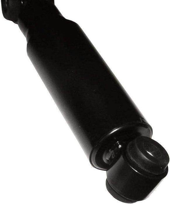 Black metal tractor seat suspension shock absorber with rubber mounting bushings for John Deere equipment.