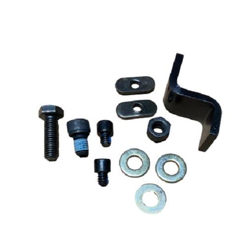 Black metal seat stop bracket with assorted steel bolts, nuts, and washers for Sears seat repairs.