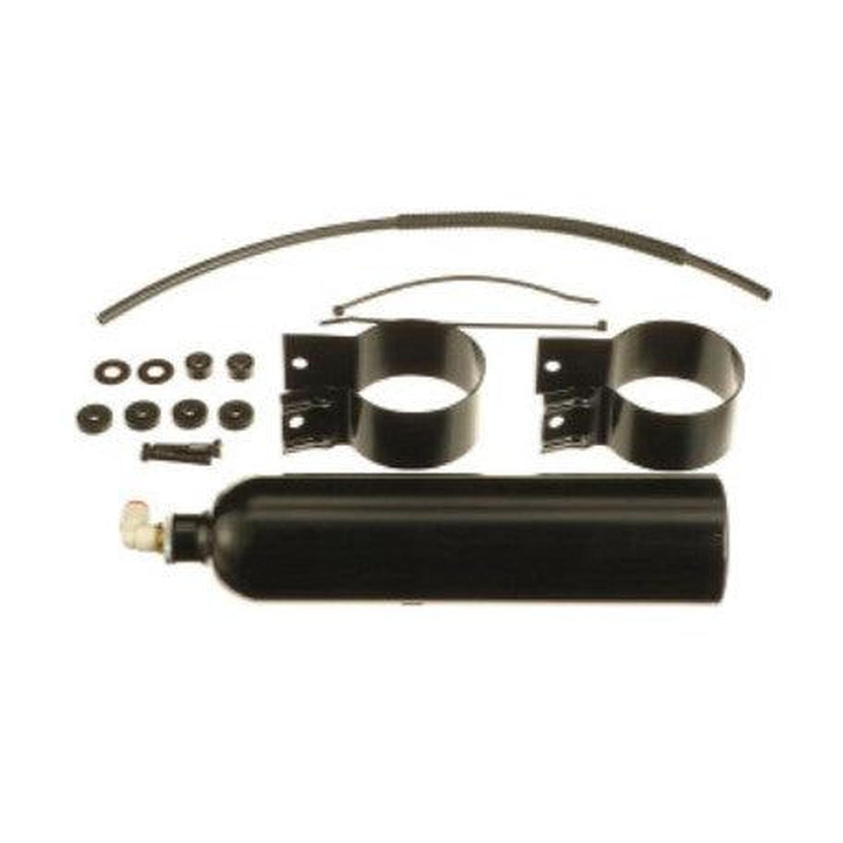 Black cylindrical air reservoir kit for Sears pneumatic seats with mounting brackets, tubing, and hardware components.