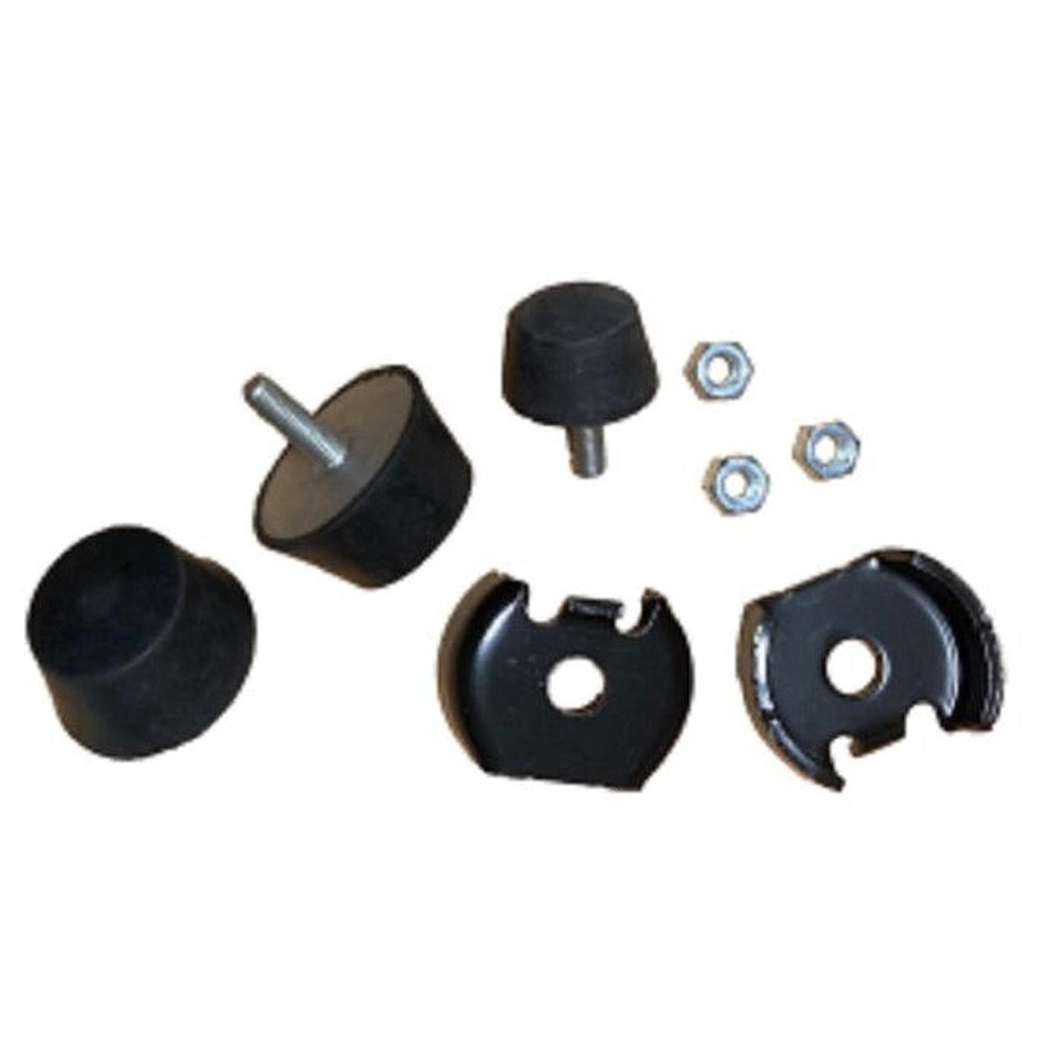 Sears seat bumper kit with black rubber stops, metal mounting hardware, and three hex nuts on a white background.