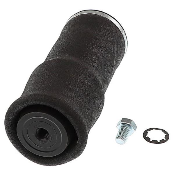 Black cylindrical rubber air suspension spring for heavy equipment seats with a metal mounting bolt and washer.