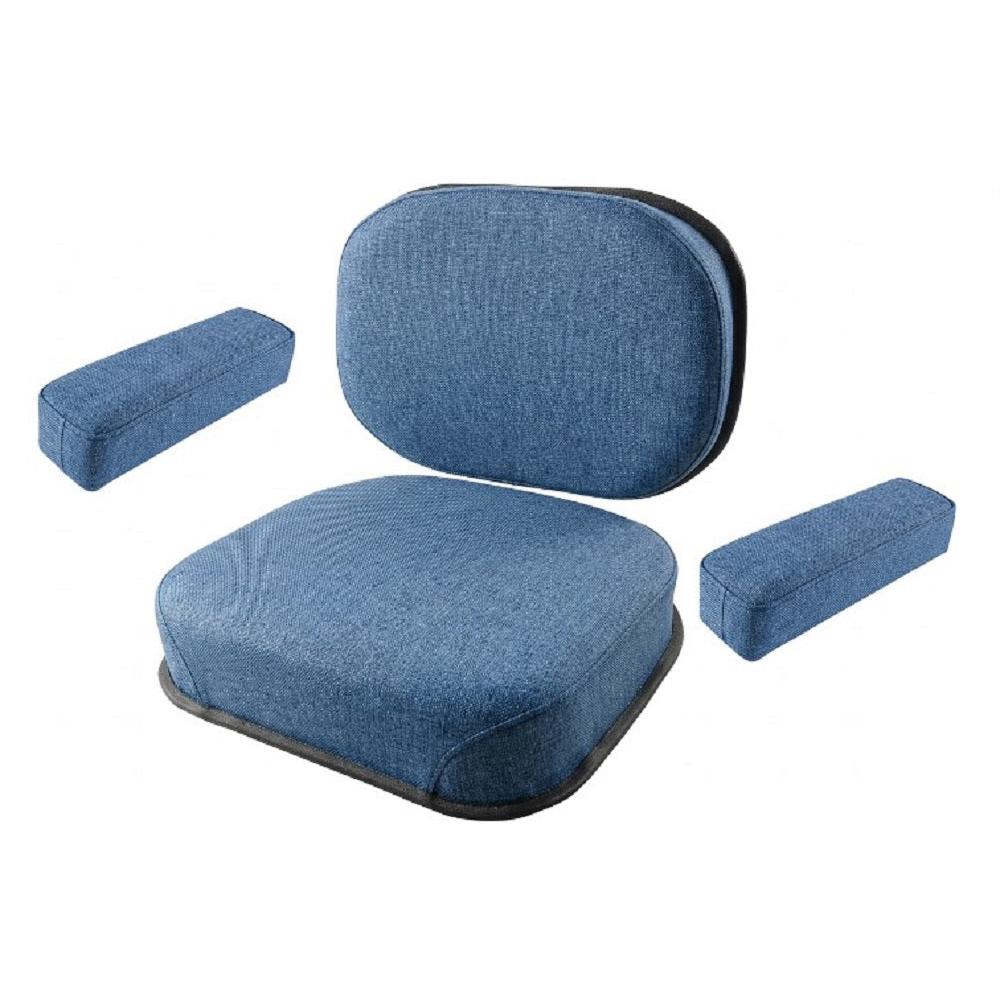 A set of four blue fabric tractor seat cushions, including a main seat cushion, a backrest, and two armrests, shown on a plain white background.