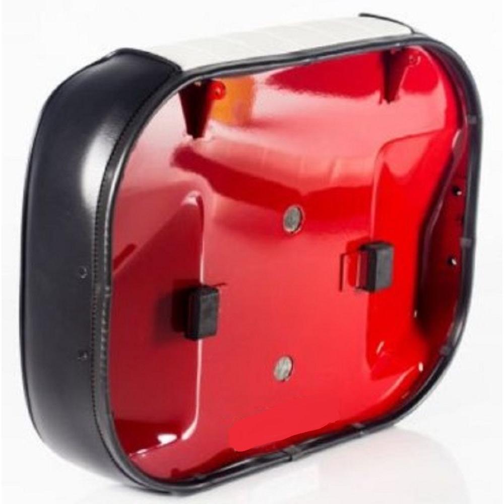 Black and white vinyl tractor seat cushion with a red metal base for International Farmall tractors.