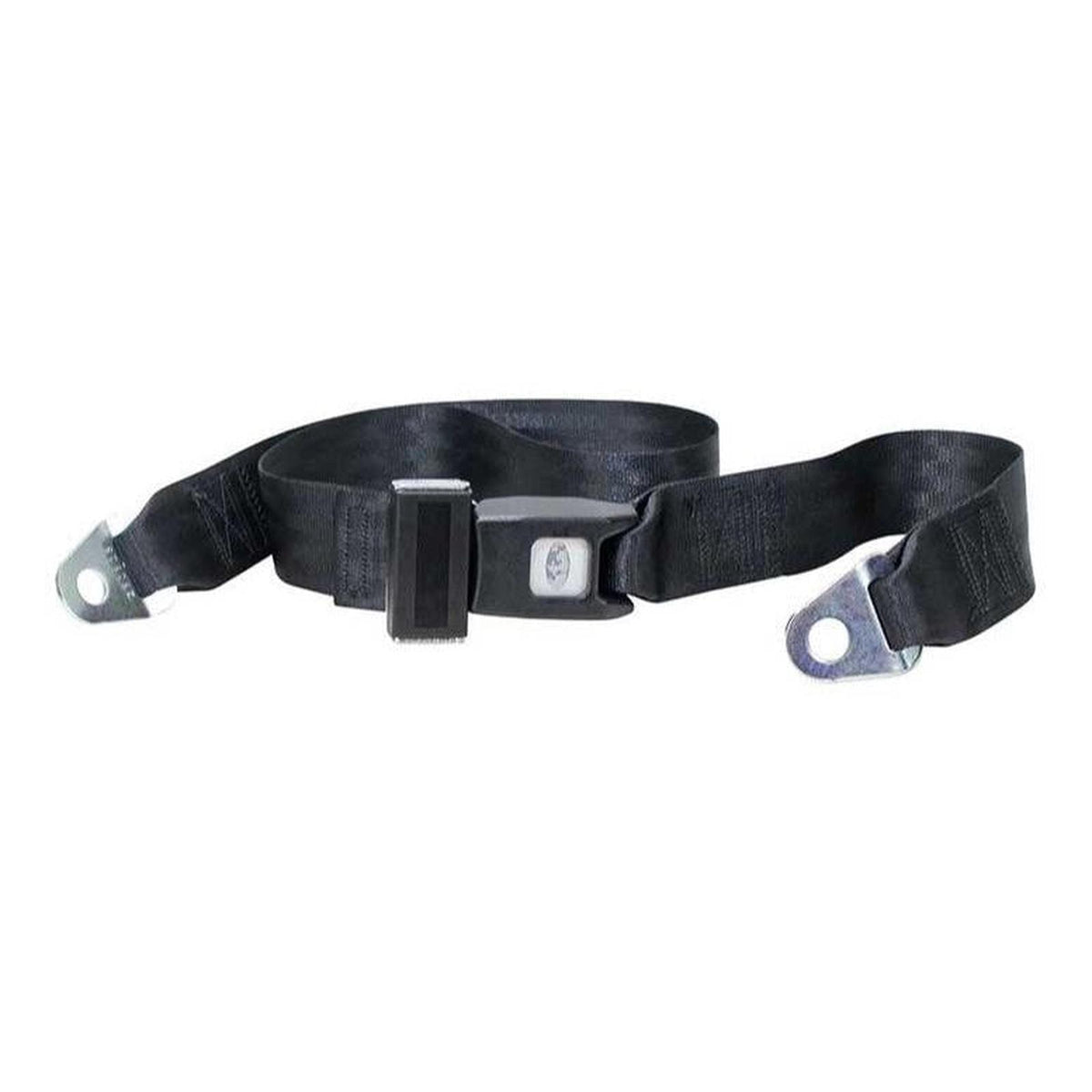 Black 2-inch by 48-inch universal lap seat belt with heavy-duty nylon webbing and two metal anchor point brackets.