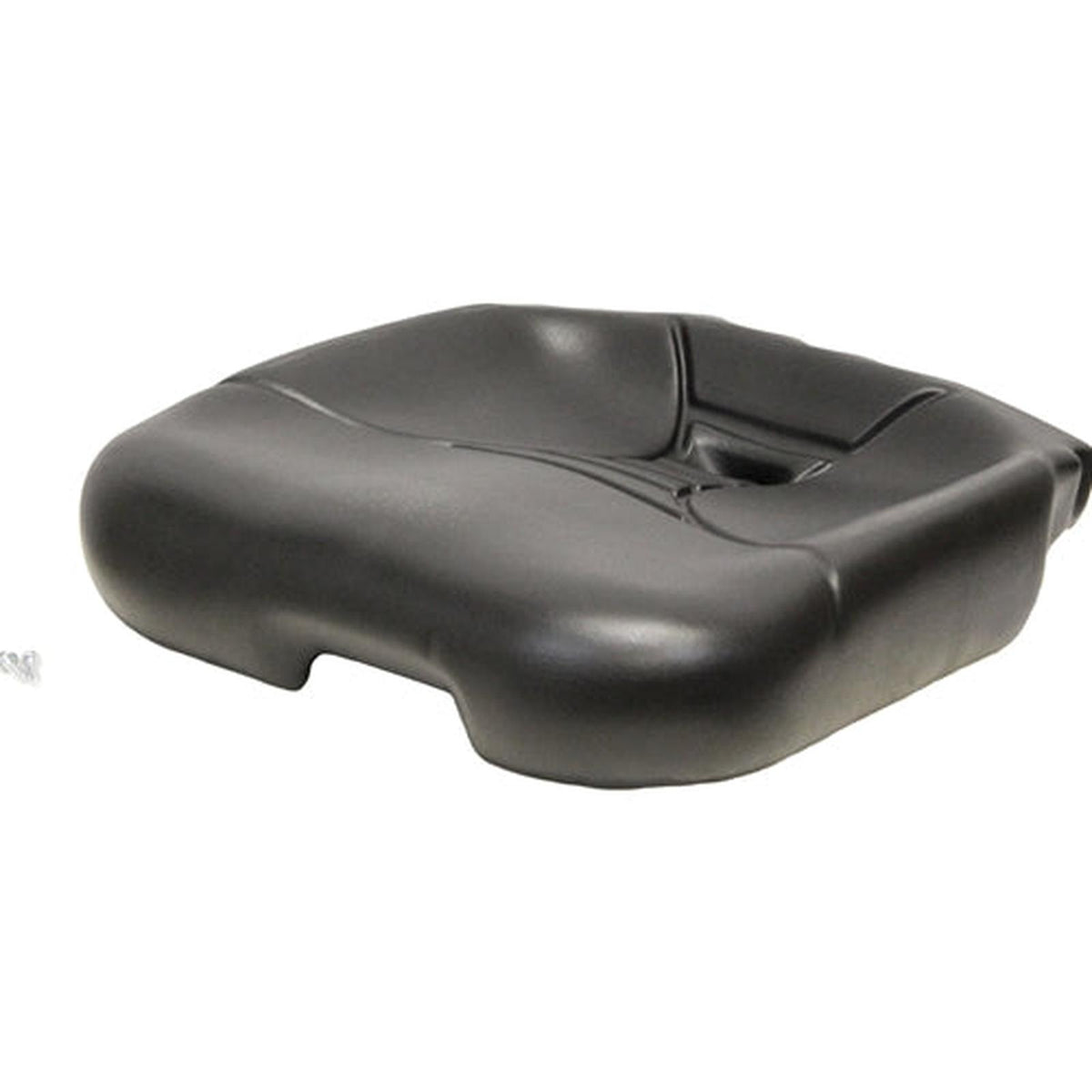 Black contoured vinyl tractor seat cushion with a central drain hole for Milsco V5300 and V5400 equipment seats.