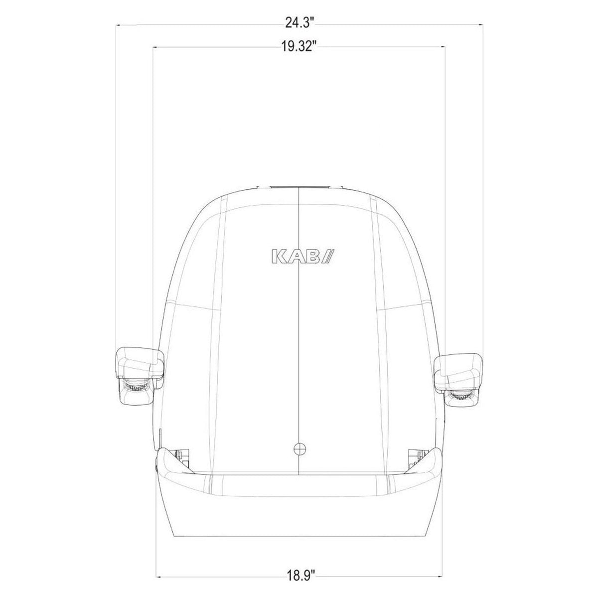 Technical line drawing of a KAB mid-back equipment seat with armrests and labeled dimensions of 24.3, 19.32, and 18.9 inches.